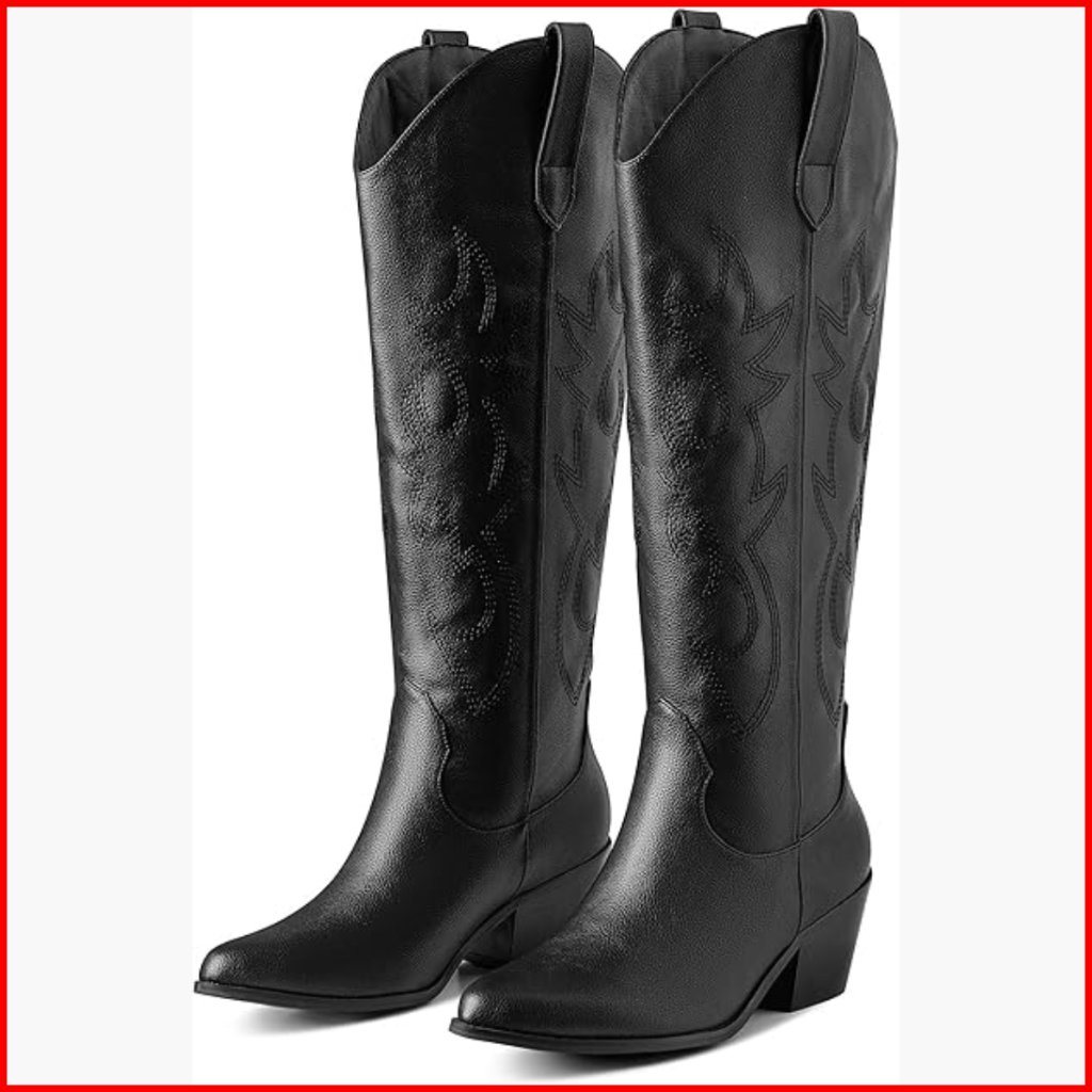 Women's Knee-High Western Boots Embroidered Pull-On Chunky Heel